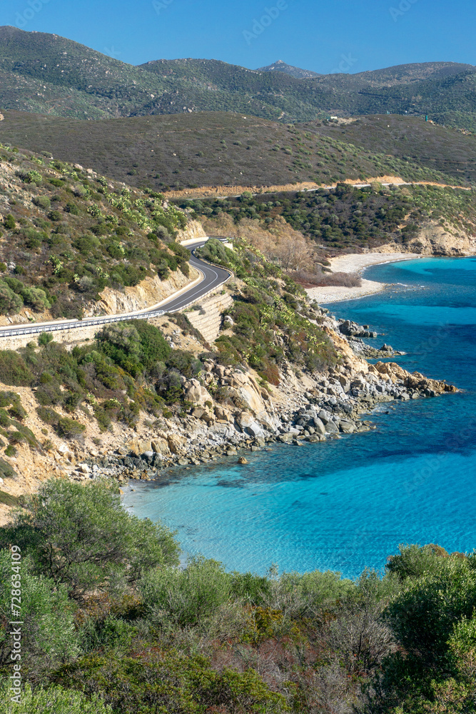 Panoramic road along the coast in Villasimius. Road 17 between Cagliari and Villasimius, Sardinia, Italy
