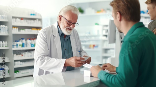 Medicine, pharmaceutics, health care and people concept - apothecary and senior man customer buying drug at drugstore