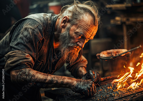 Portrait of an old blacksmith working with iron in his forge