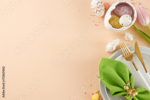 Easter elegance: a feast of joy and renewal. Top view shot of plates, cutlery, bunnies, green napkin, eggs, tulip, sparkles on beige background with space for congratulations photo