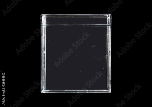 Old cartridge tape case on black background. Isolated game transparent mockup. Clean cover box template.