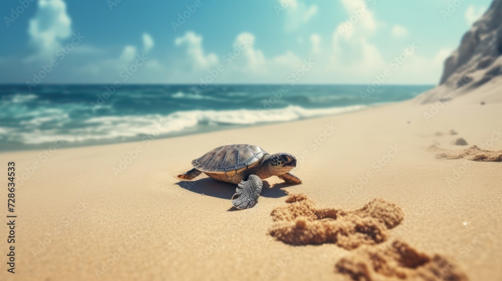On the sandy beach, a loggerhead sea turtle is crawling towards the sparkling ocean, 