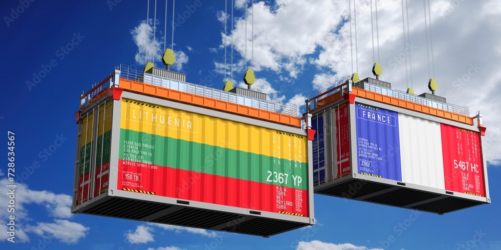 Shipping containers with flags of Lithuania and France - 3D illustration