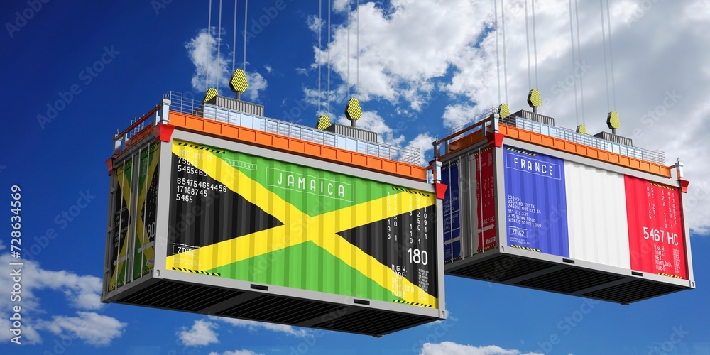 Shipping containers with flags of Jamaica and France - 3D illustration