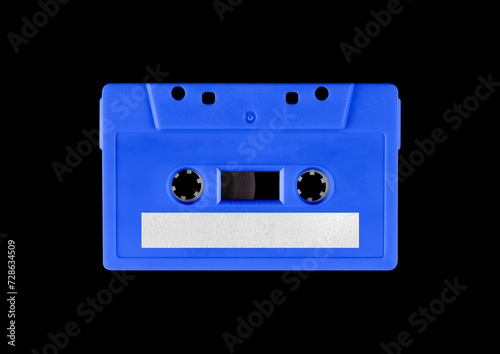 Old cassette tape case on black background. Isolated music transparent mockup. Clean cover box template.