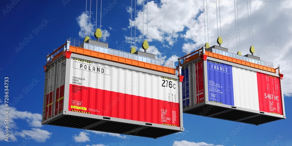 Shipping containers with flags of Poland and France - 3D illustration