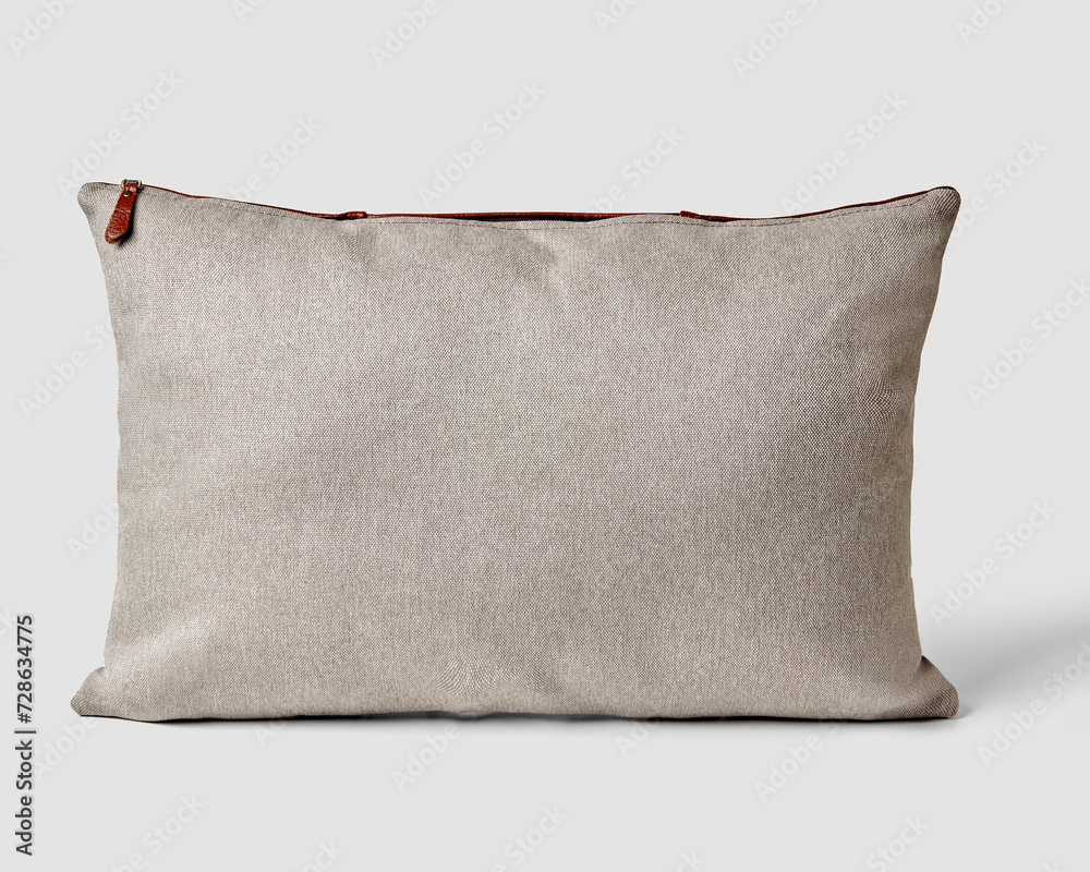 Natural textured grey fabric pillow with contrasting leather zipper