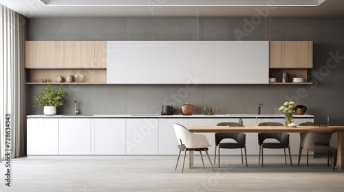 Photo of modern interior of kitchen, simple furniture, white and grey colors,