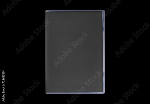 DVD disk video case on black background. Isolated game transparent mockup. Clean cover box template.