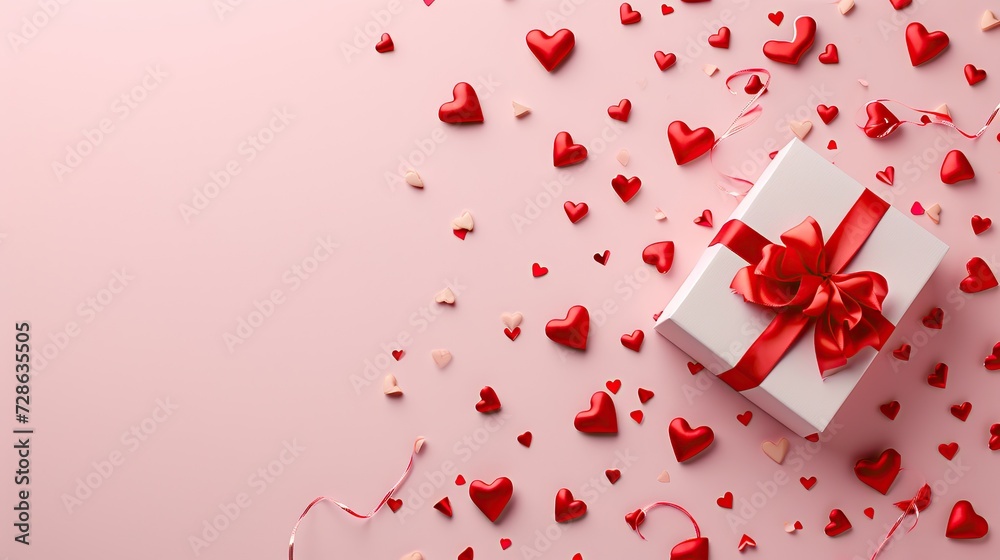 Valentine or Mother day festive border composition with gift or present box and many red hearts on pastel pink background top view.. Valentine or Mother day festive border composition with gift or present box and many red hearts on pastel pink background top view..