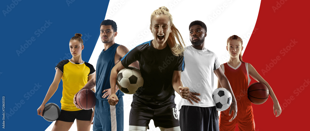 Athletes of different kind of sports standing against French flag background, presenting team of France. Concept of sport, competition, championship and tournament. Poster for sport event