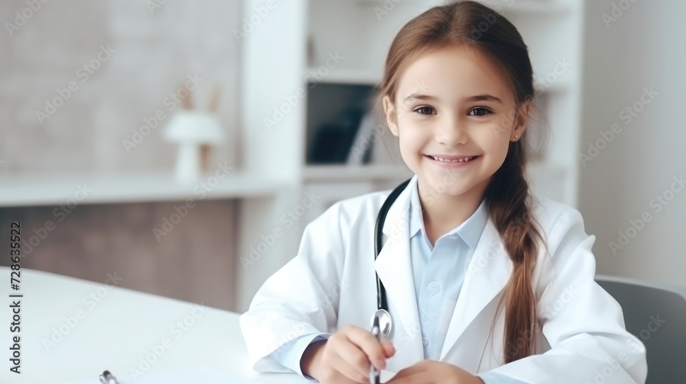 A doctor in a white coat, a bright polyclinic, a girl patient 