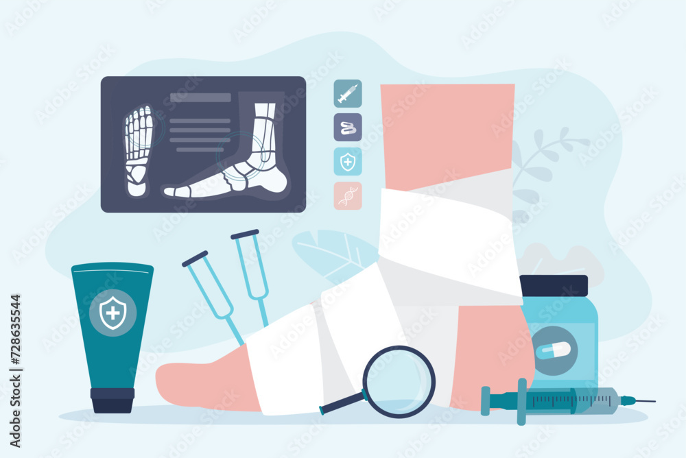 Trauma, broken giant leg at traumatologist appointment. Researching skeleton and bones. Medical items for diagnosis and treatment Trauma, broken giant leg at traumatologist appointment. Researching skeleton and bones. Medical items for diagnosis and treatment