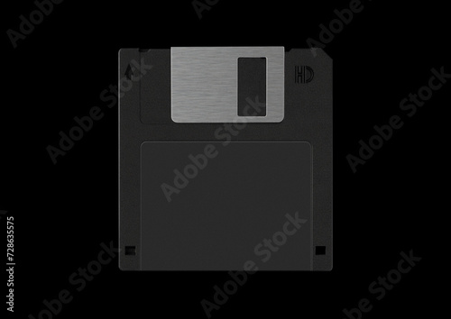 Floppy disk or diskette case on black background. Isolated transparent mockup. Clean cover box template. photo