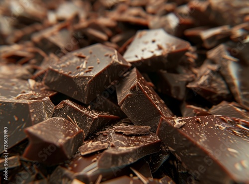 Pieces of dark chocolate on table closeup Food background