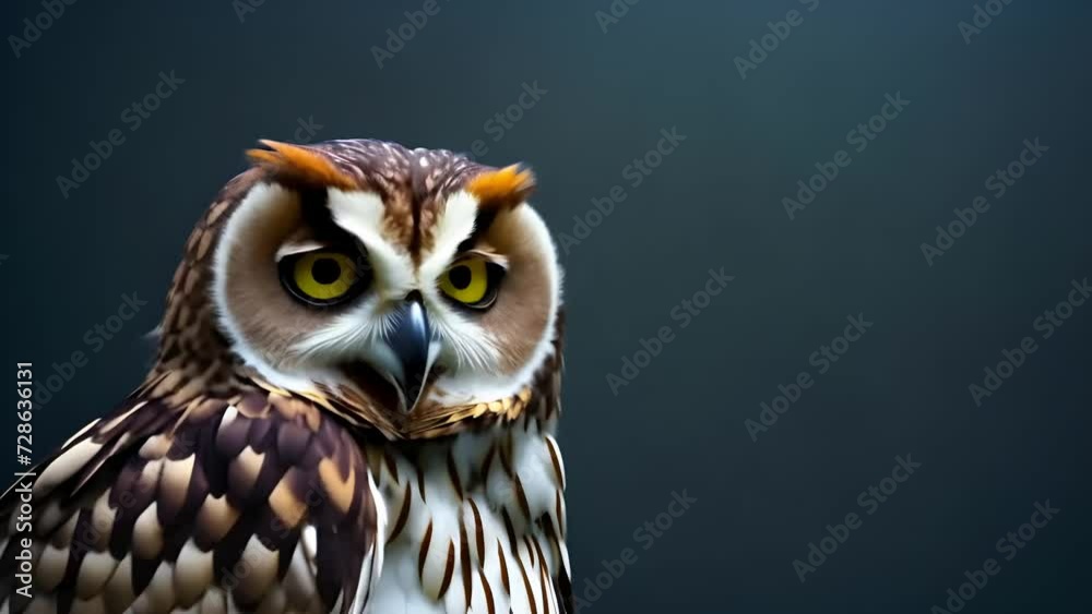 Majestic Owl, - intense yellow eyes and intricate feather patterns are the focal points, set against a muted background Majestic Owl, - intense yellow eyes and intricate feather patterns are the focal points, set against a muted background