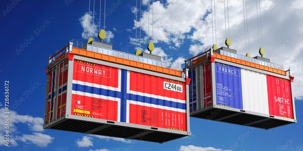 Shipping containers with flags of Norway and France - 3D illustration