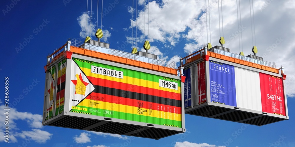 Shipping containers with flags of Zimbabwe and France - 3D illustration