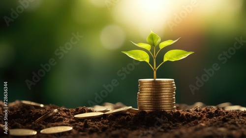 A stack of coin with young plant in the corner side on the top under sunlight, banner, background,