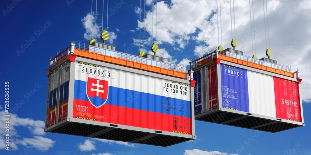 Shipping containers with flags of Slovakia and France - 3D illustration