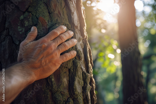 A man's hand touch the tree trunk close-up. Bark wood.Caring for the environment. © Hunman