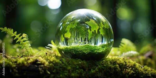 An award-winning color photograph of a crystal globe glass on moss in a green forest, 