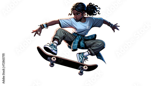 An illustration of a black girl on a skateboard performing a jump trick transparent background 2