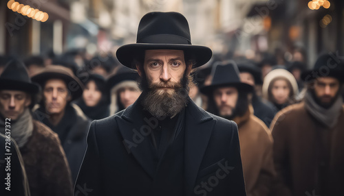 Portrait of handsome Israeli jewish man against other people background