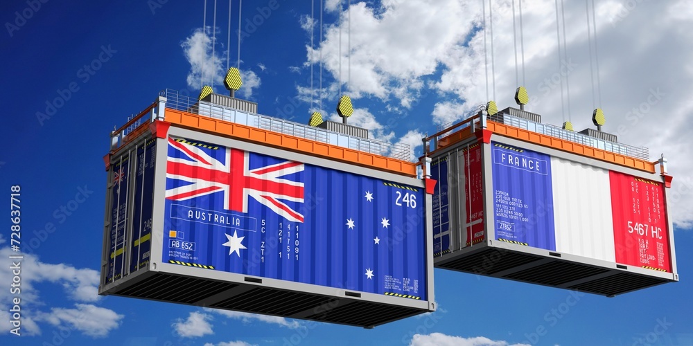 Shipping containers with flags of Australia and France - 3D illustration