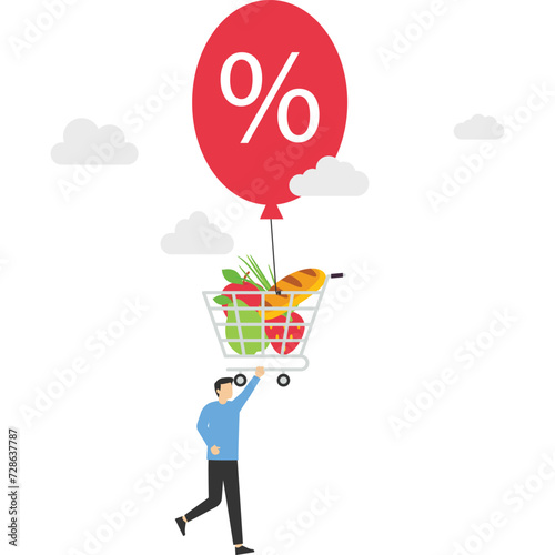 Food price crisis, rising consumer goods prices. Inflation reflects higher prices for goods and services. men try to catch shopping carts full of food that fly away. flat vector illustration.