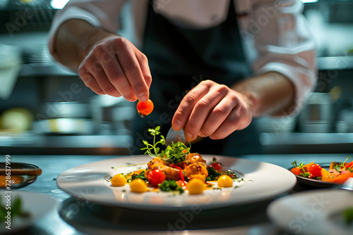 Chef Preparing Food with Condiments on a Plate © vanilnilnilla