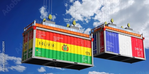 Shipping containers with flags of Bolivia and France - 3D illustration