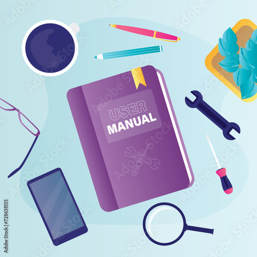 User manual book or textbook for find answers. Concept of user guide, Q and A. FAQ and instructions, professional guide. Book and various tools on desk. Top view