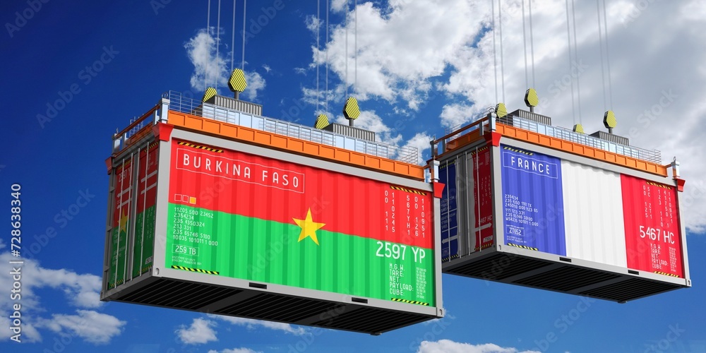 Shipping containers with flags of Burkina Faso and France - 3D illustration Shipping containers with flags of Burkina Faso and France - 3D illustration