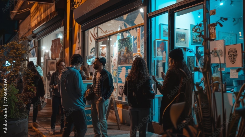 Fototapeta premium Visitors enjoy an outdoor art gallery illuminated by gentle lights against the evening sky.