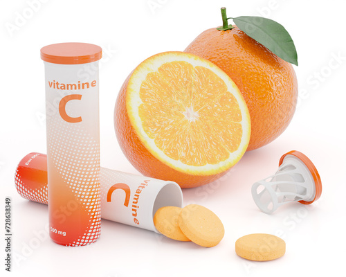 Effervescent Vitamin C tablets spilling out of plastic tube with juicy orange fruits isolated on white background. Vitamin and mineral supplements concept.