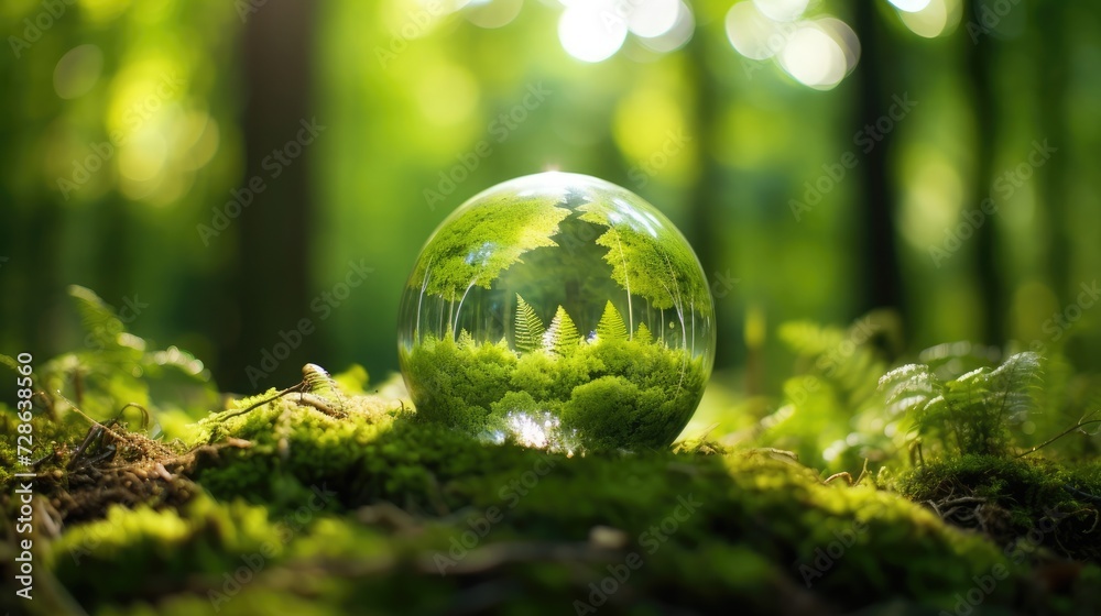 Globe On Moss In Forest - Environmental Concept Globe On Moss In Forest - Environmental Concept