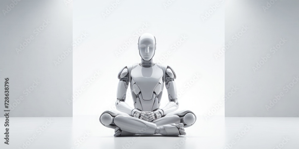 humanoid robot is doing meditation, the dynamic perspective of calming, front symmetric view, copy space humanoid robot is doing meditation, the dynamic perspective of calming, front symmetric view, copy space