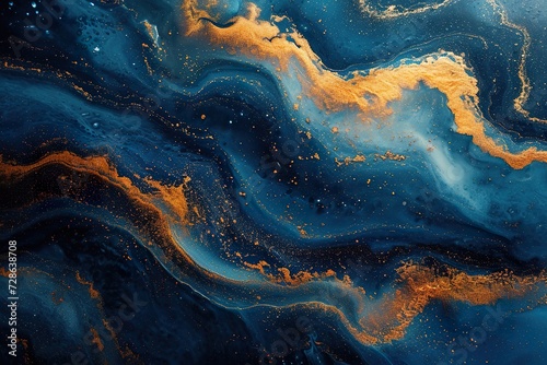 Abstract paint background by deep blue and gold color with liquid fluid texture in luxury concept. © Dipankar
