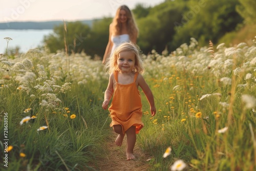 A young girl frolics through a sun-kissed field, her summer dress trailing behind her as she races towards the woman chasing after her, surrounded by the vibrant colors of nature and the endless expa photo