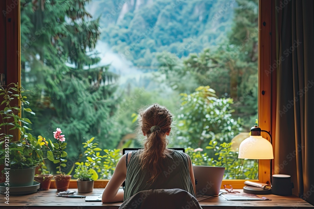 back view of a woman freelancer working on her laptop. In front of her is a large window with a green and calming forest view in a mountain. back view of a woman freelancer working on her laptop. In front of her is a large window with a green and calming forest view in a mountain.