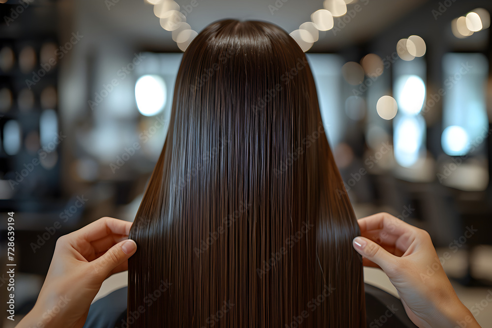 Fototapeta premium Back view Woman Holding Long Hair Up in Salon with Flat Lighting