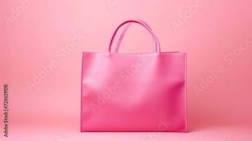 One shopping bag on the right side of the frame, flat pink background, seamless pink background, 