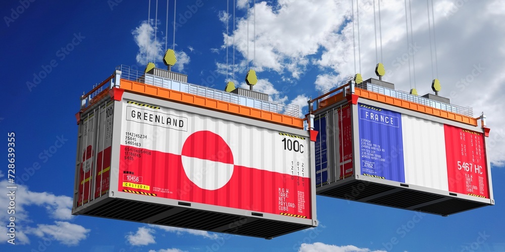 Shipping containers with flags of Greenland and France - 3D illustration