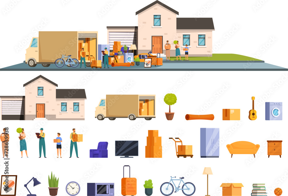 Family moving house icons set cartoon vector. Furniture home. Real estate