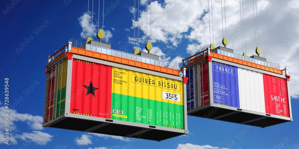 Shipping containers with flags of Guinea Bissau and France - 3D illustration