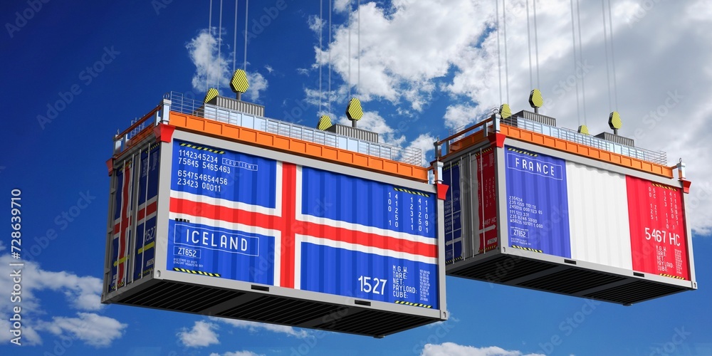 Shipping containers with flags of Iceland and France - 3D illustration
