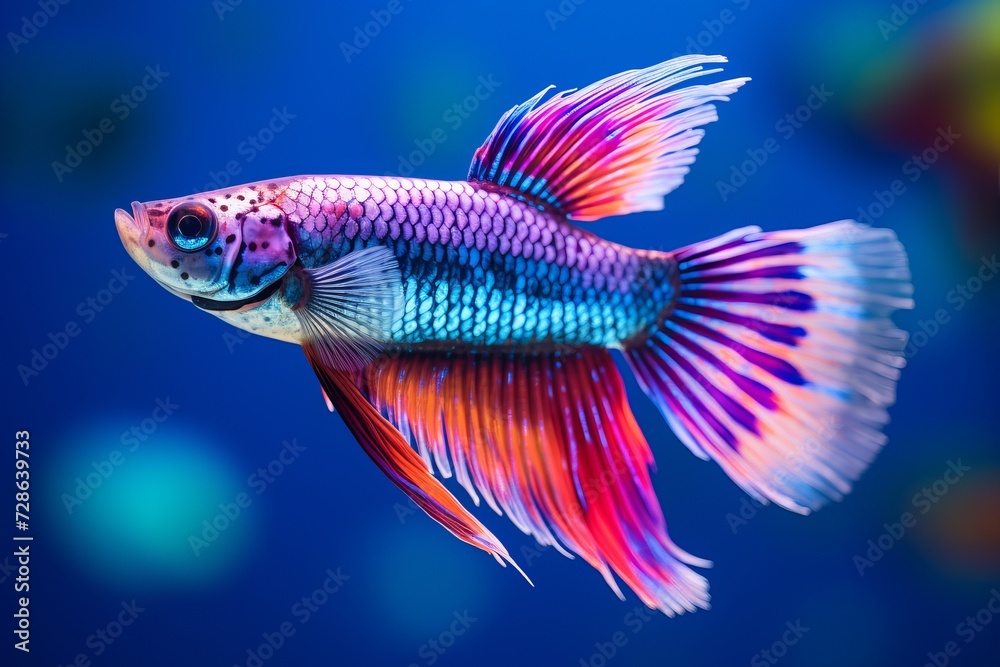 Close-up shot of a vibrant guppy fish gracefully swimming in a colorful, lively aquarium Close-up shot of a vibrant guppy fish gracefully swimming in a colorful, lively aquarium