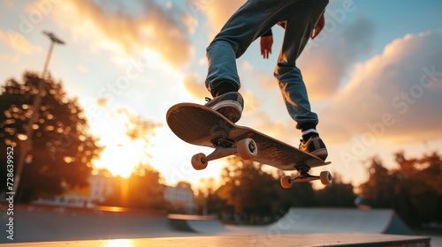 Skateboarder performing a trick on a ramp against a beautiful sunset backdrop in a skate park.