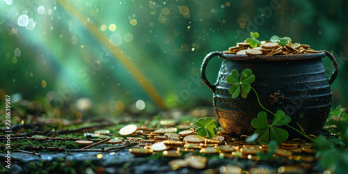 A cast iron pot of gold with clover leaves at the end of the rainbow, st. patrick day, banner, copy space